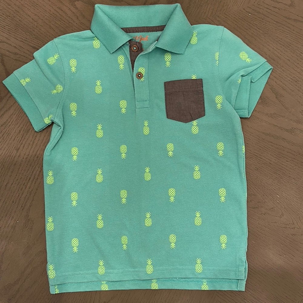 Cat & Jack boys XS 4/5 polo shirt, turquoise with lime green pineapple print
